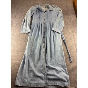 Ashlee VTG Denim Maxi Dress Womens M Light Wash Cotton Pintuck Button Up SEE